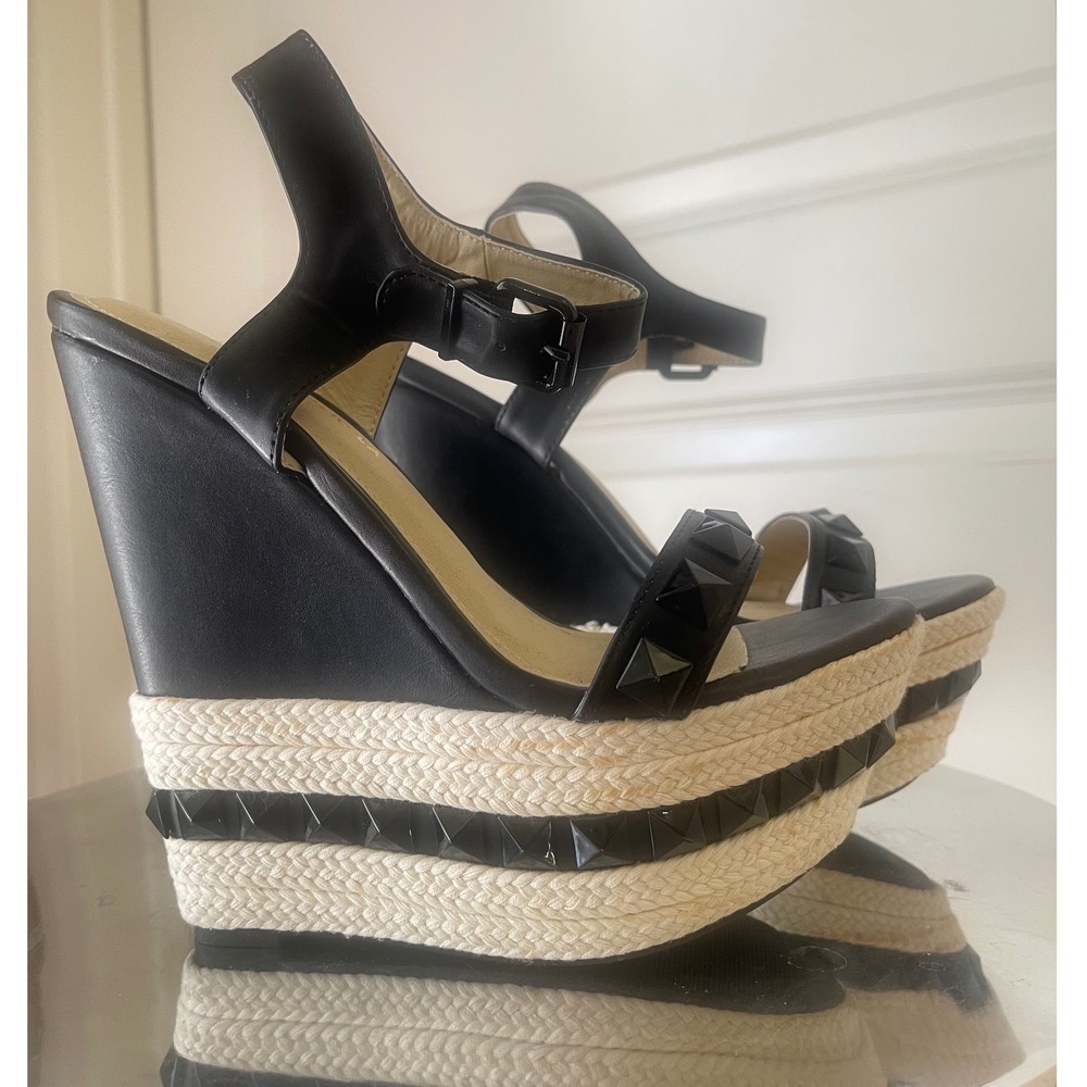 Shoe Republic LA Black Rockstud Espadrille Platform Wedge Sandals 6.5